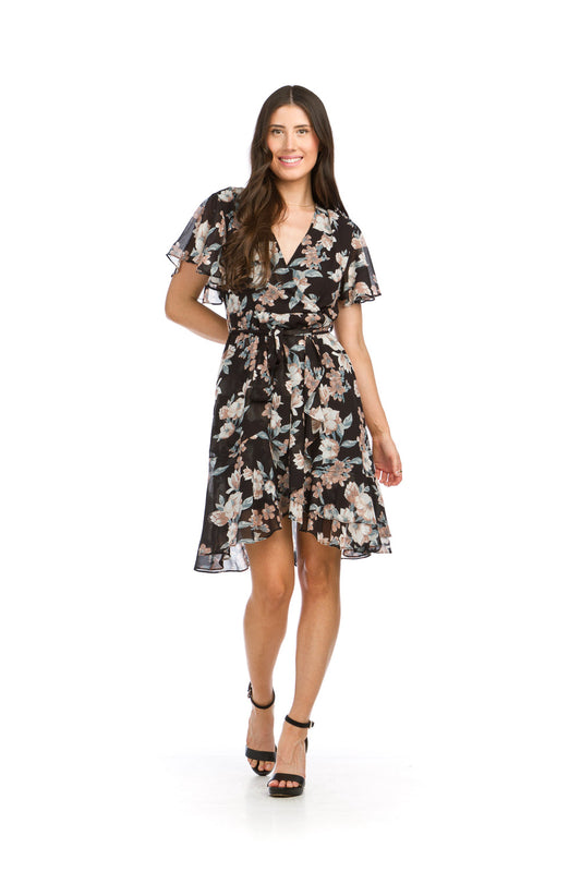 PD16616 BLACK Floral Short Sleeve Wrap Top Dress w Ruffle Trim