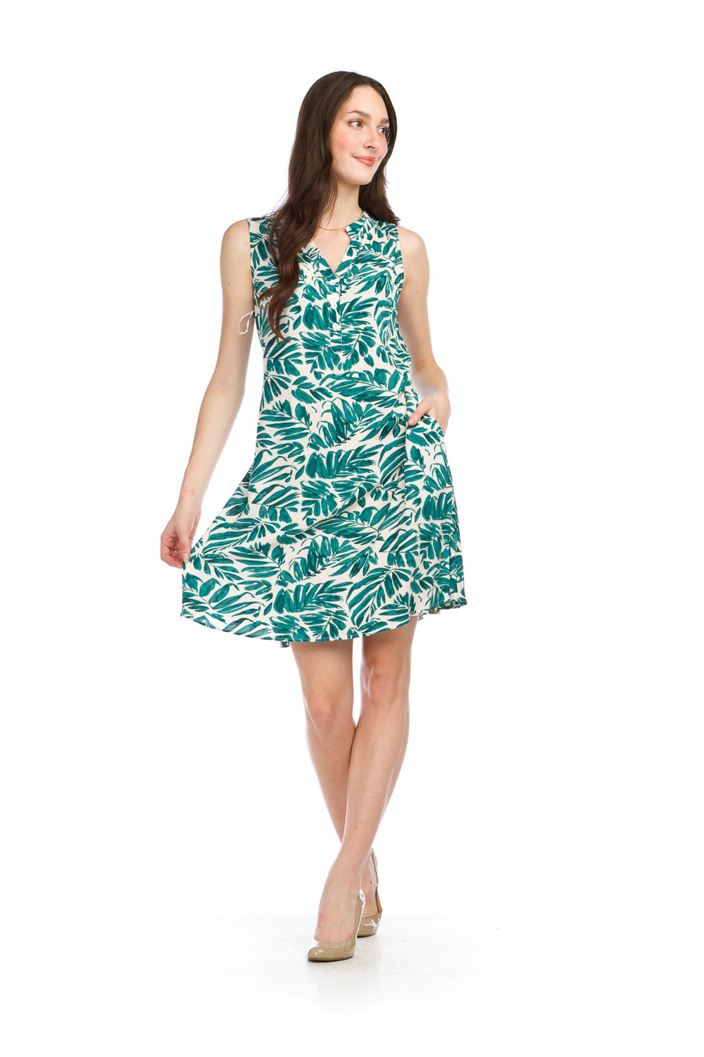 PD16618 GREEN Tropical Print Henley Dress with Pockets