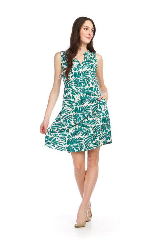 PD16618 GREEN Tropical Print Henley Dress with Pockets