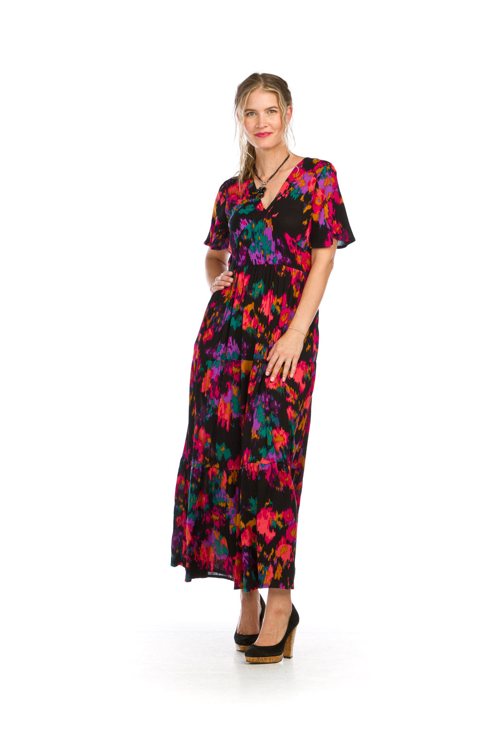PD16626 BLACK Multi Colored V Neck Maxi Dress with Pockets