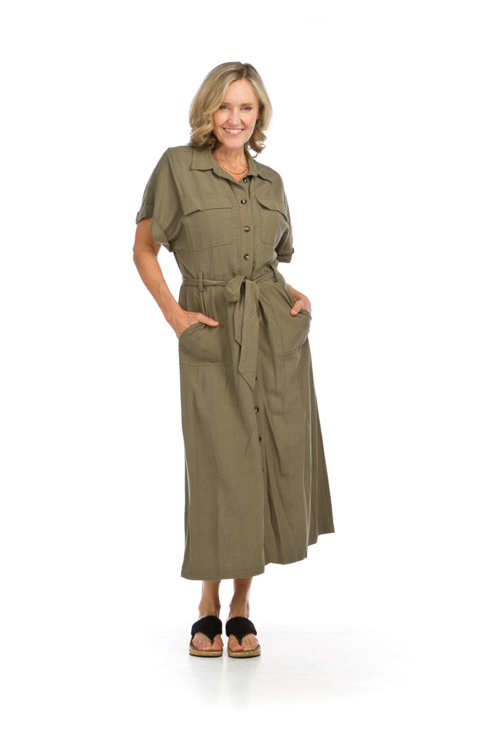 PD16632 KHAKI Utility Style Linen Blend Shirt Dress