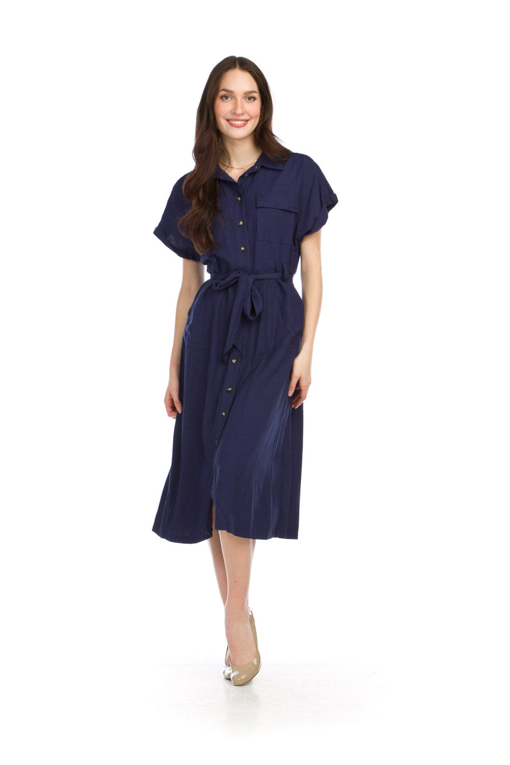 PD16632 NAVY Utility Style Linen Blend Shirt Dress