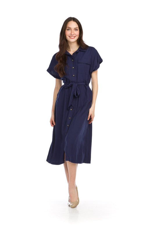 PD16632 NAVY Utility Style Linen Blend Shirt Dress