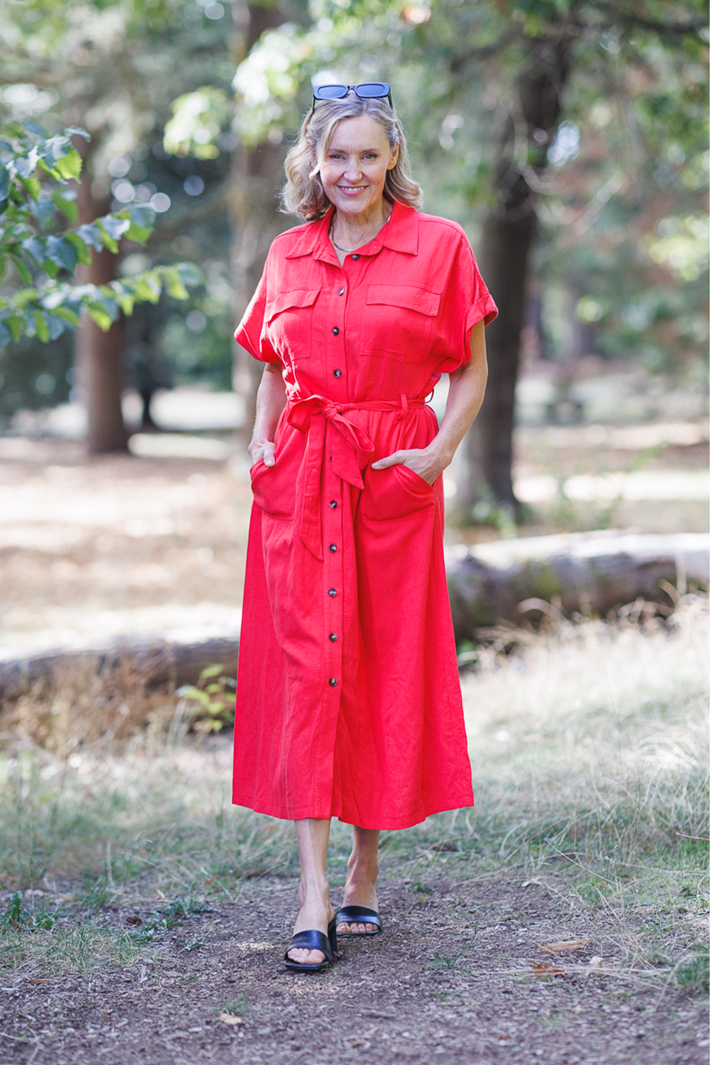 PD16632 RED Utility Style Linen Blend Shirt Dress