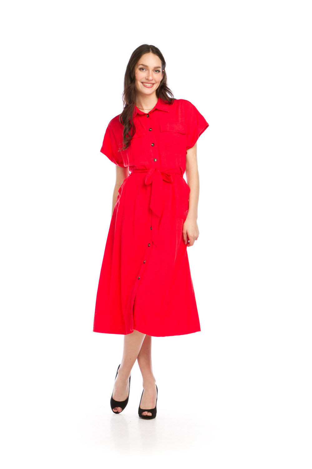 PD16632 RED Utility Style Linen Blend Shirt Dress