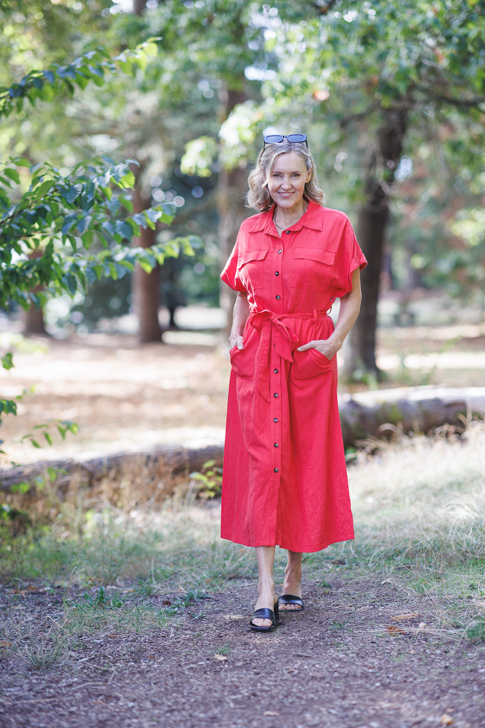 PD16632 RED Utility Style Linen Blend Shirt Dress