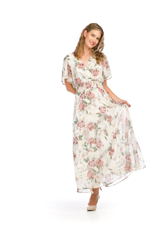 PD16635 WHITE Florl Short Sleeve Maxi Dress with Elastic Waist