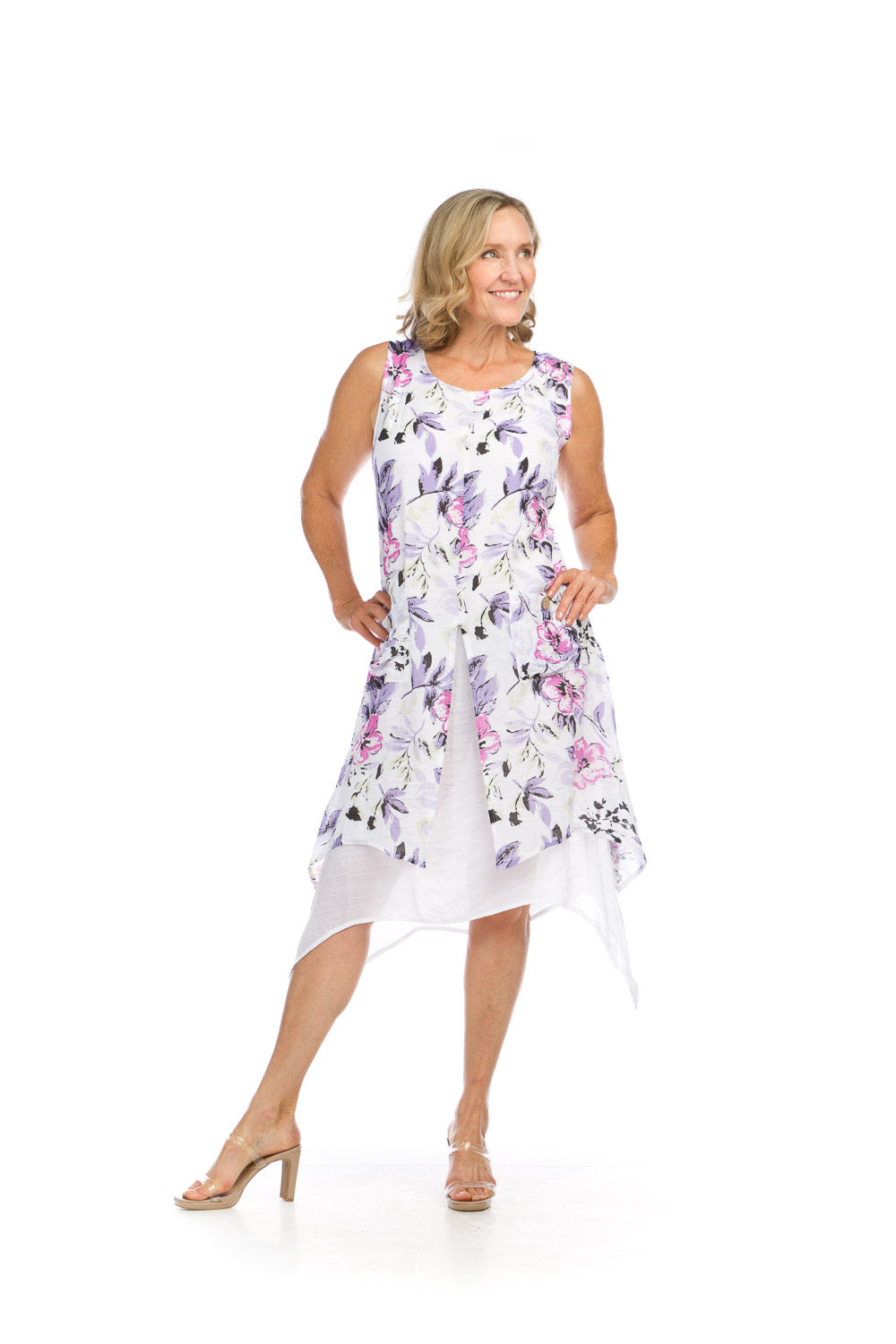 PD16636 WHITE Floral Layered Midi Dress