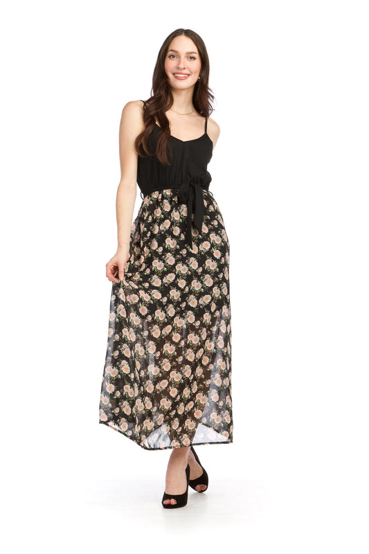 PD16646 BLACK Maxi Dress with Printed Skirt & Pockets