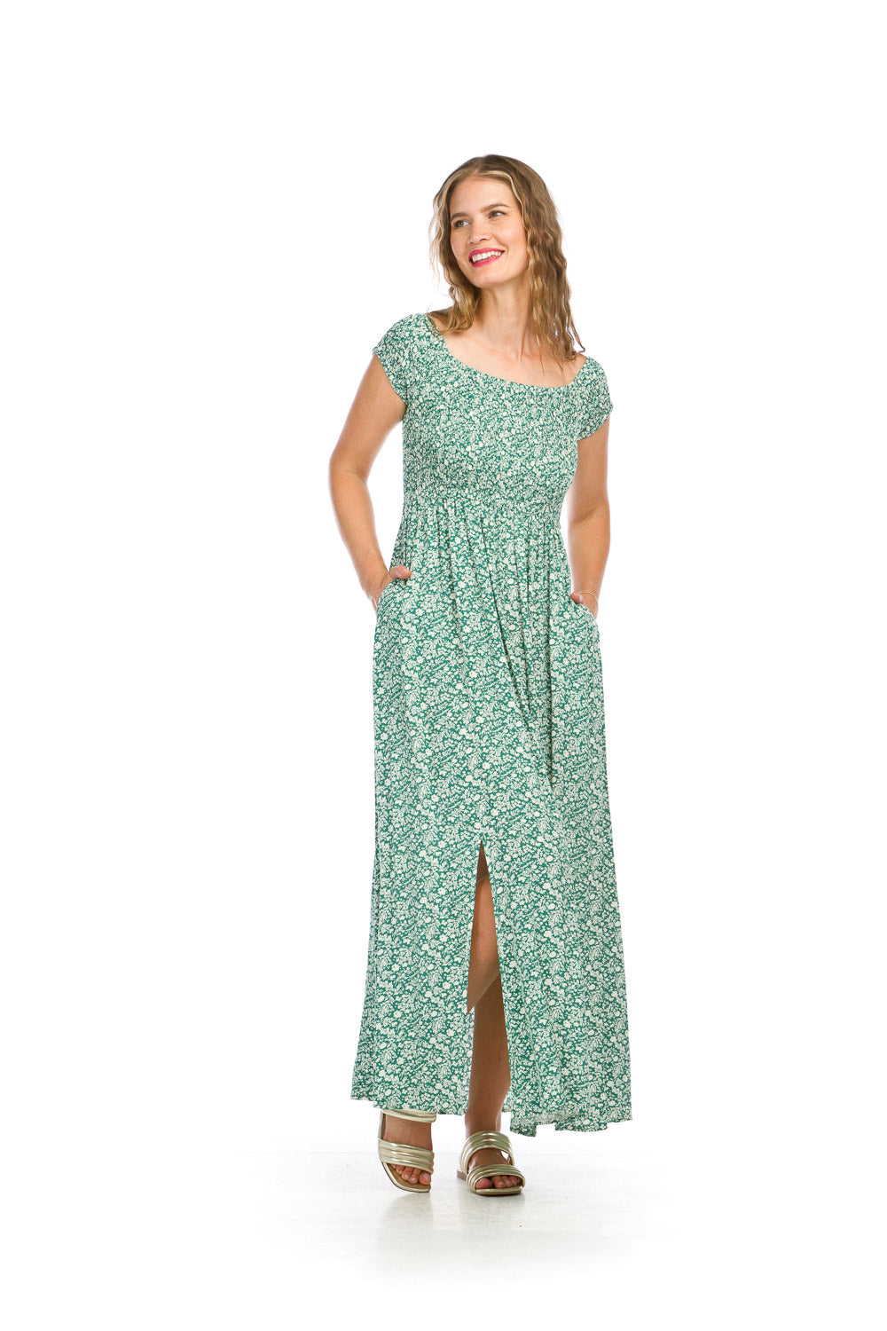 PD16654 GREEN Floral Smocked OTS Maxi Dress with Pockets
