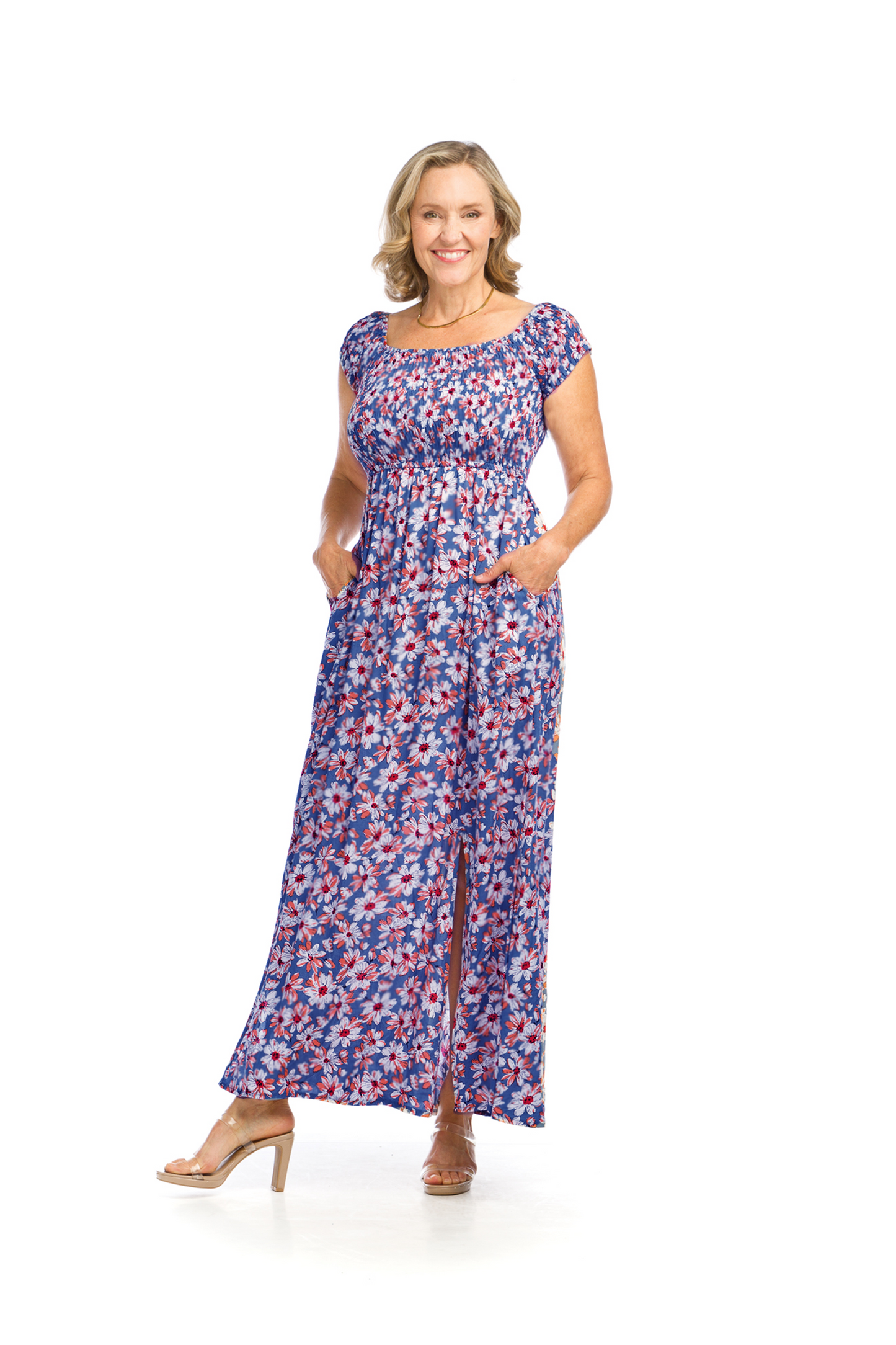 PD16655 MULTI Daisy Smocked OTS Maxi Dress with Pockets