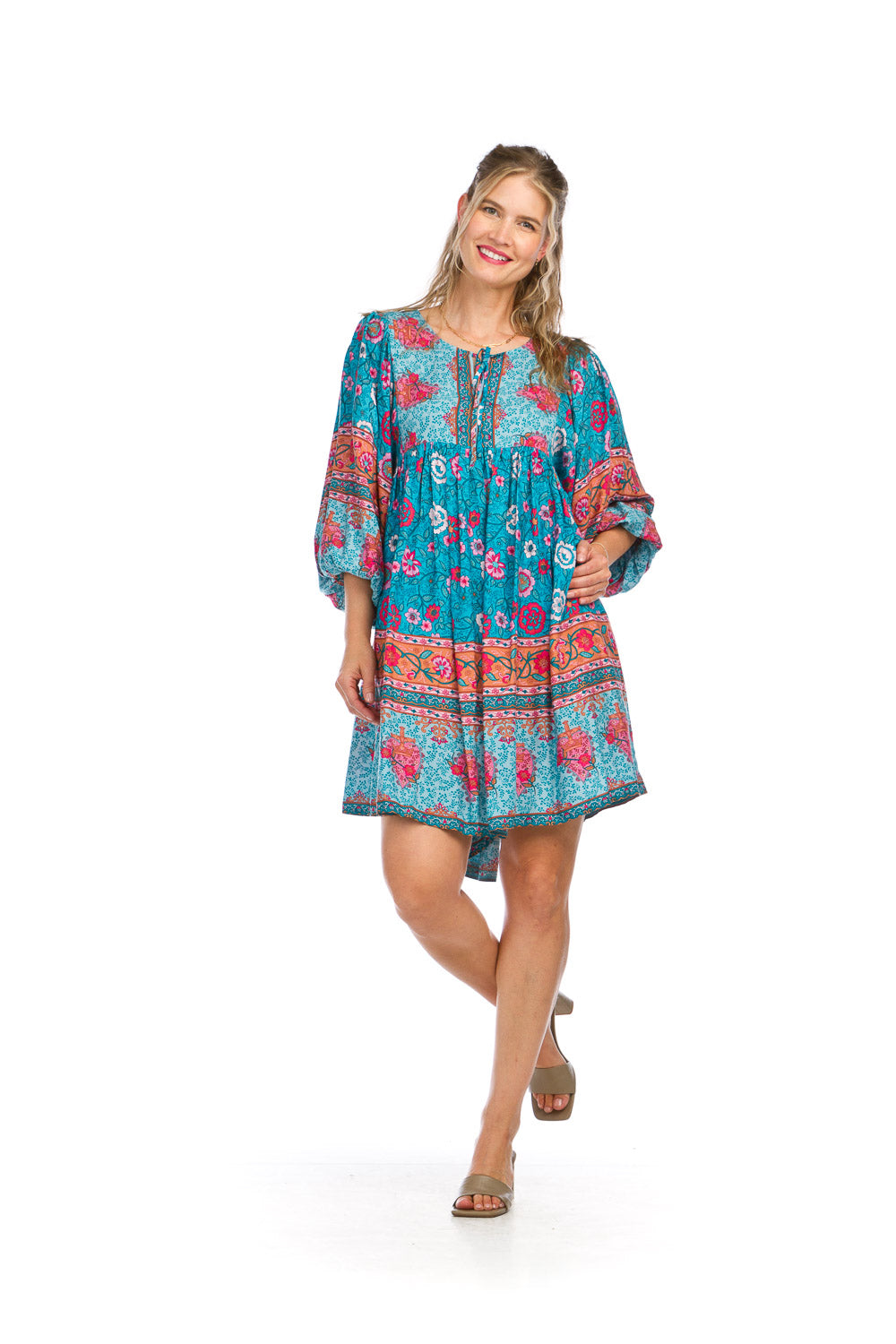PD16668 TURQ Floral Boho Dress with Pockets