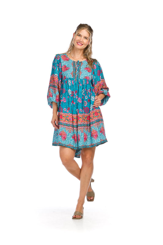 PD16668 TURQ Floral Boho Dress with Pockets