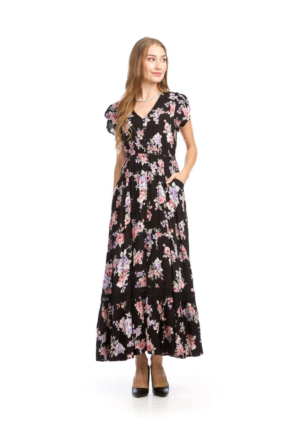 PD16671 BLACK Floral S/S Maxi w Elastic Waist & Lace Inset Dtl