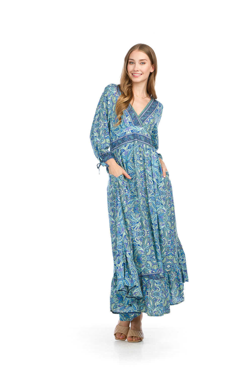 PD16673 BLUE Paisley Empire Waist Dress with Tie Sleeves