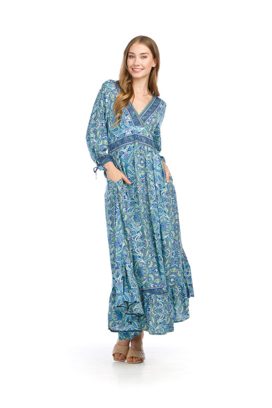 PD16673 BLUE Paisley Empire Waist Dress with Tie Sleeves