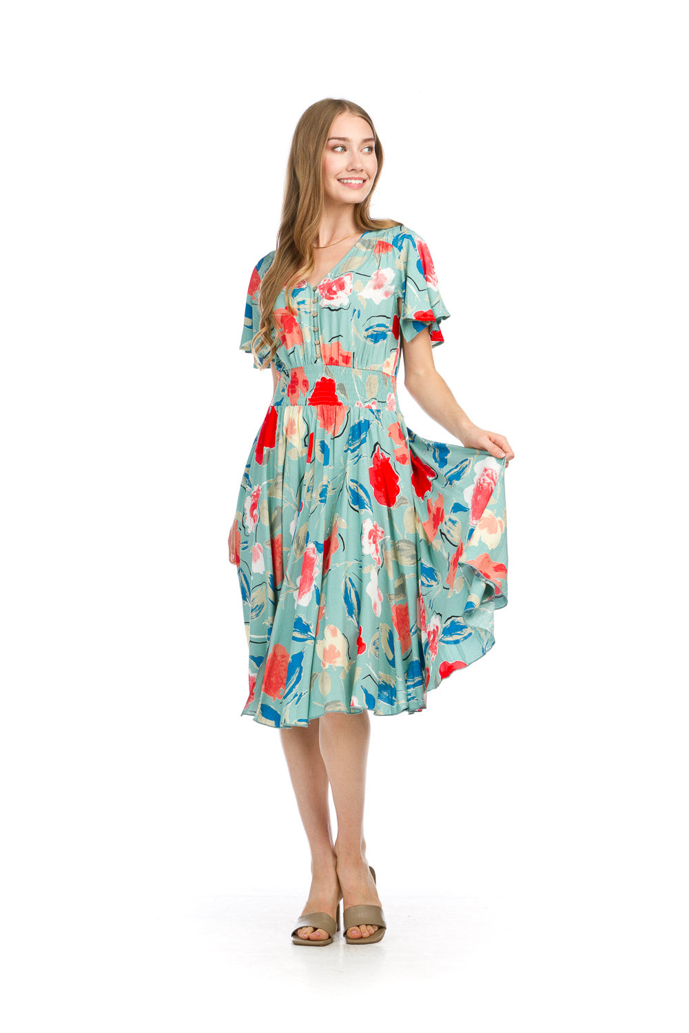 PD16675 GREEN Floral Short Sleeve Dress with Elastic Waist