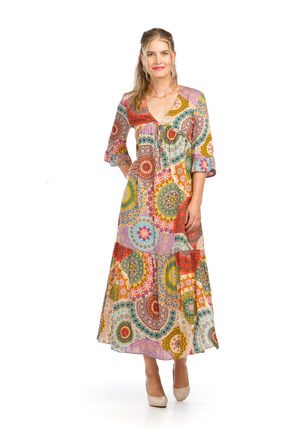 PD16683 MULTI Psychedelic Mandala Printed Empire Waist Dress