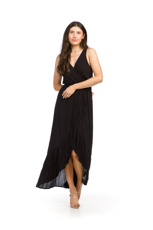 PD16690 BLACK Crinkle Ruffle Trim Maxi Dress