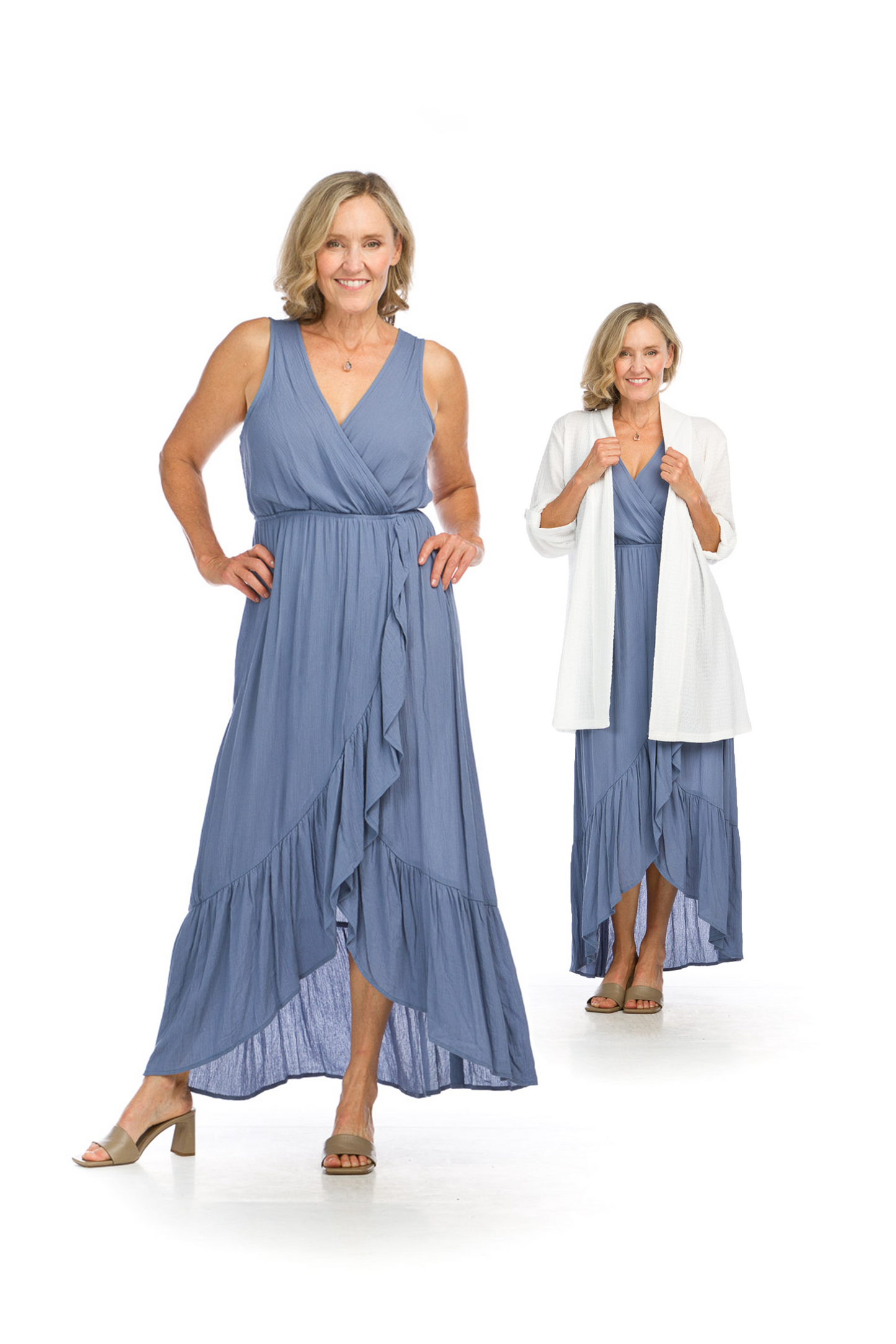 PD16690 DENIM Crinkle Ruffle Trim Maxi Dress