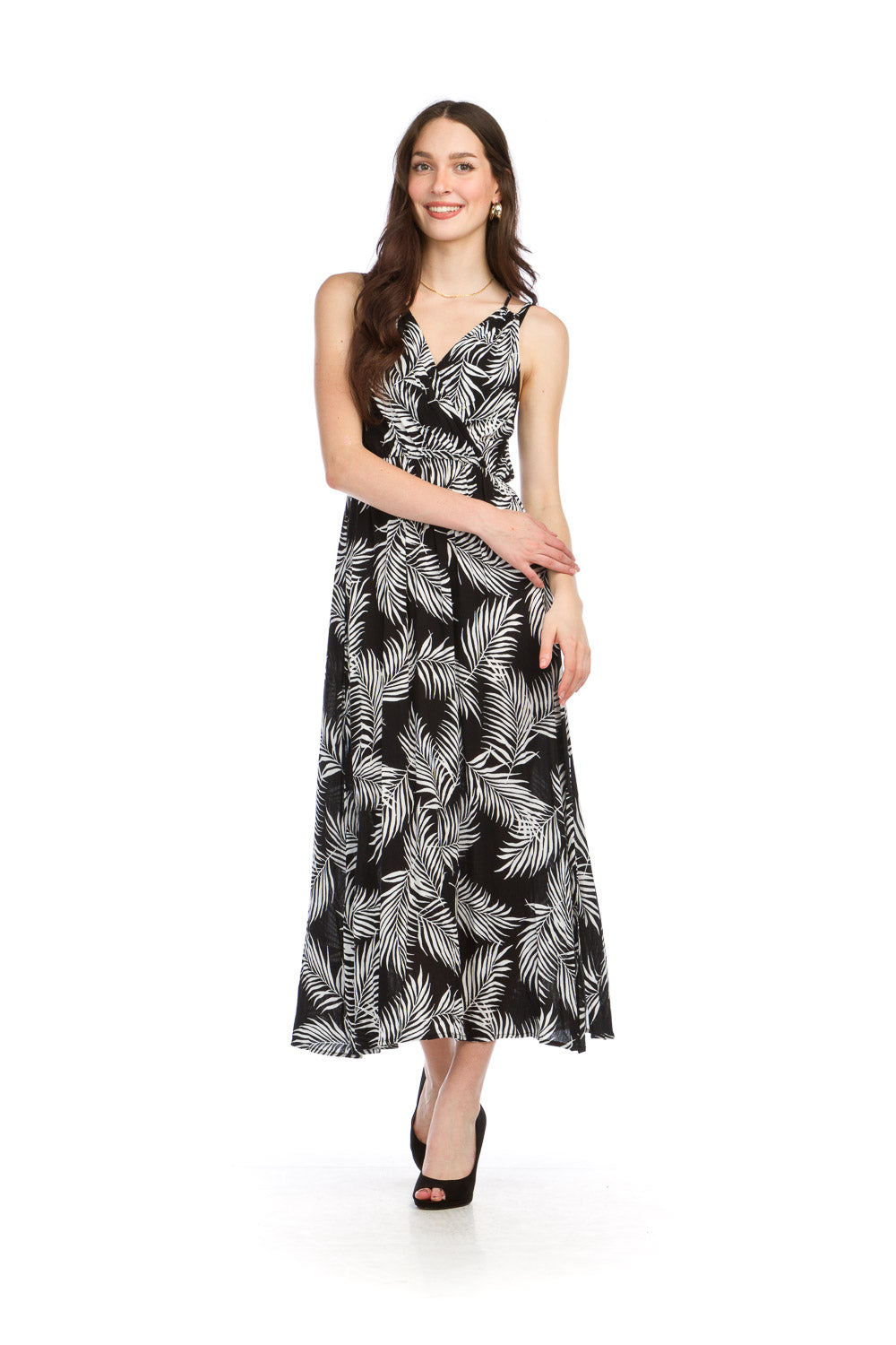 PD16691 BLACK Crinkle Tropical Print Maxi with Double Straps