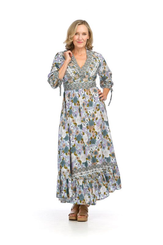 PD16694 BLUE Floral Empire Waist Dress with Tie Sleeves