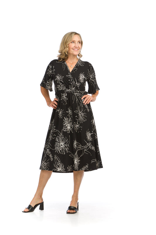 PD16698 BLACK Florl Short Sleeve Crossover Dress w Elastic Waist
