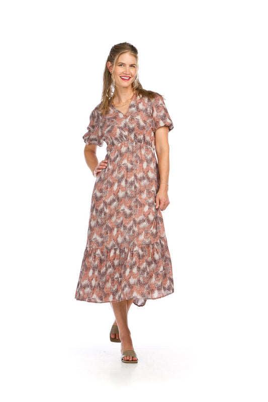 PD16703 ROSE I Kat Print 3/4 Sleeve Maxi Dress with ruffle Trim