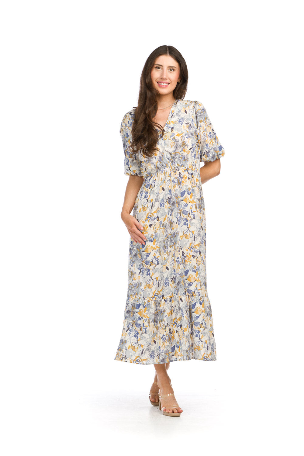 PD16704 BLUE Floral Print 3/4 Sleeve Maxi Dress w ruffle Trim