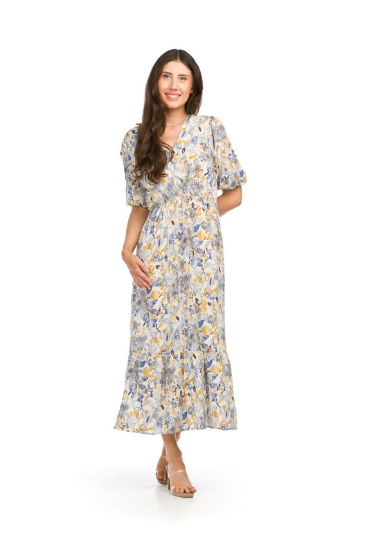 PD16704 BLUE Floral Print 3/4 Sleeve Maxi Dress w ruffle Trim