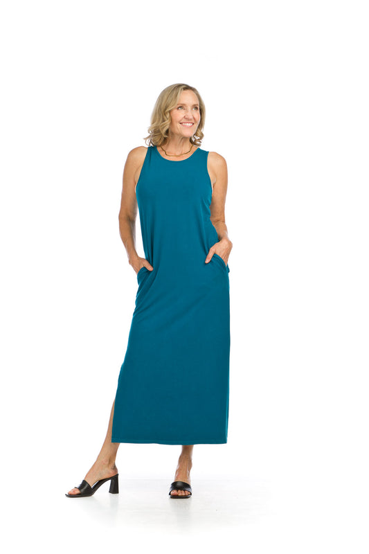 PD16707 TEAL Bamboo Knit Side Slit Maxi Dress