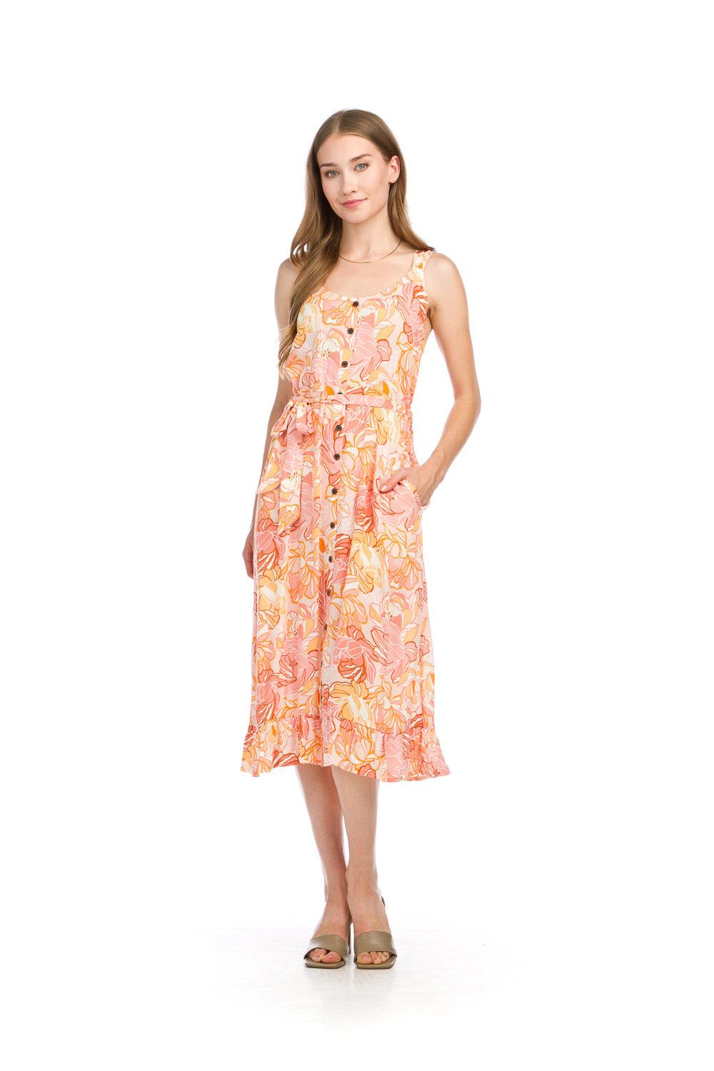 PD16714 ORANG Floral Crinkled Dress with Pockets & Tie Belt