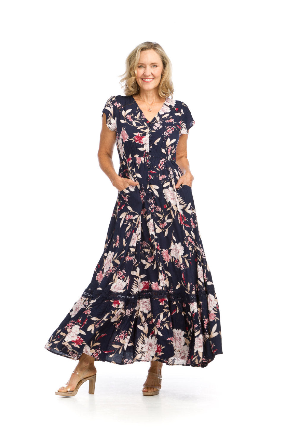 PD16719 NAVY Floral Short Sleeve Maxi Dress with Lace Inset