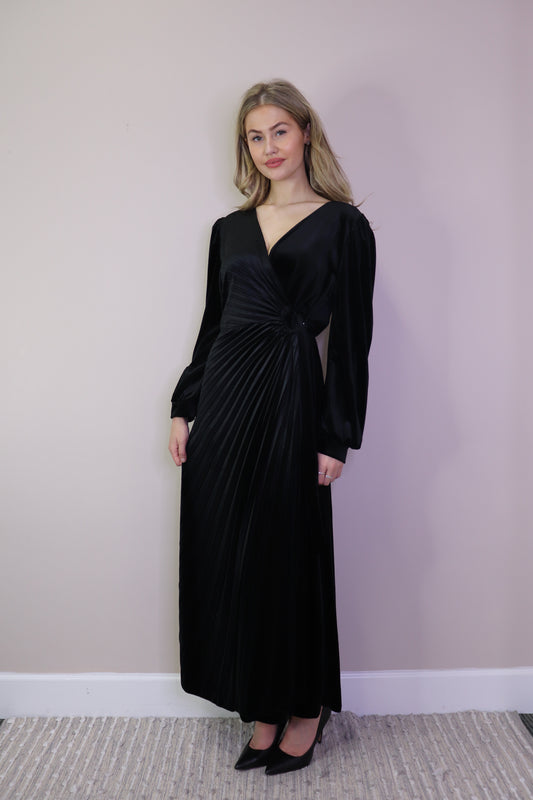 PD17505 BLACK Velvet Wrap Dress with Pleat & Buckle Detail