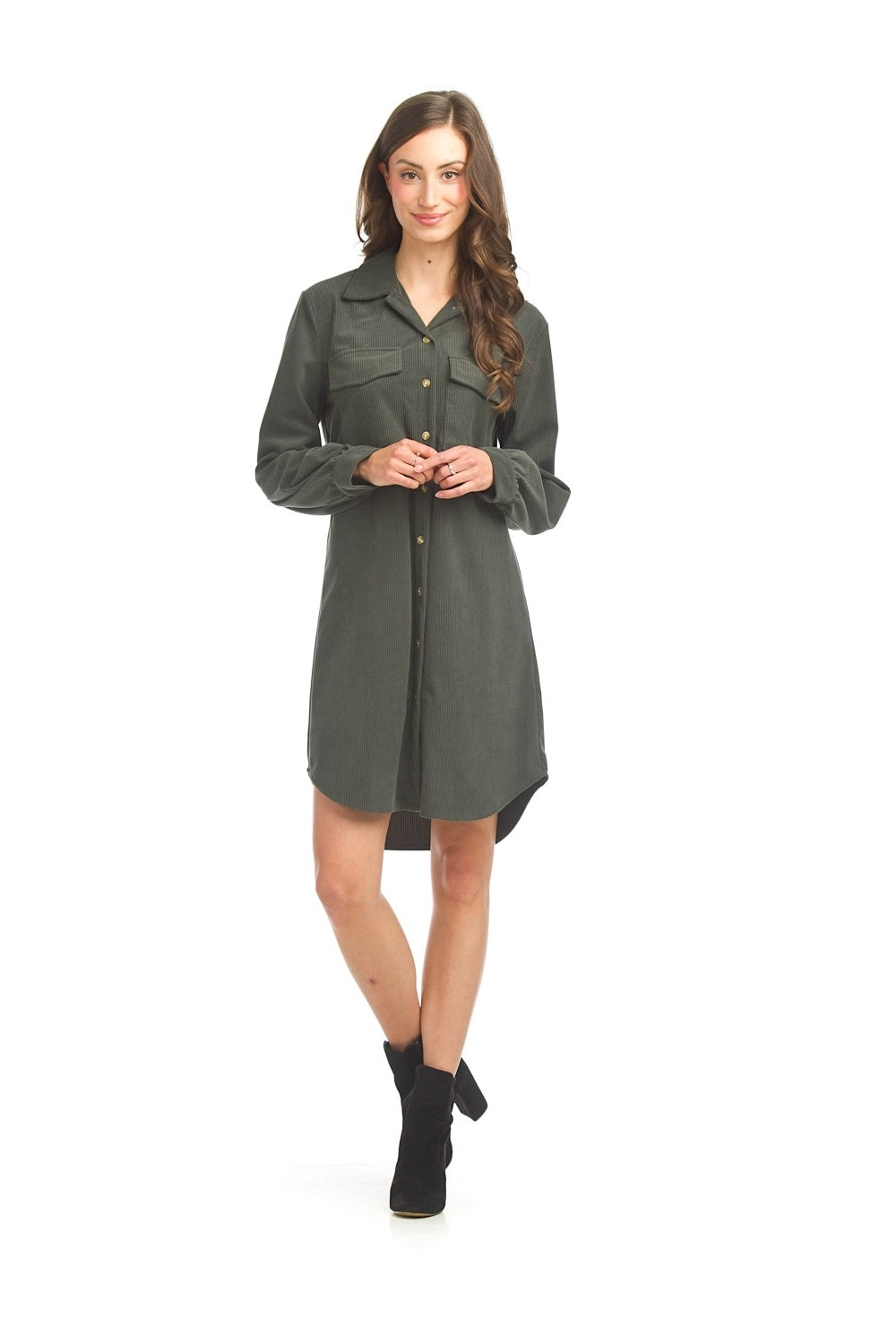 PD17514 GREEN Corduroy button front shirt dress