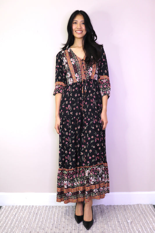 PD17524 BLACK Border Printed Maxi Dress with Drawstring Waist