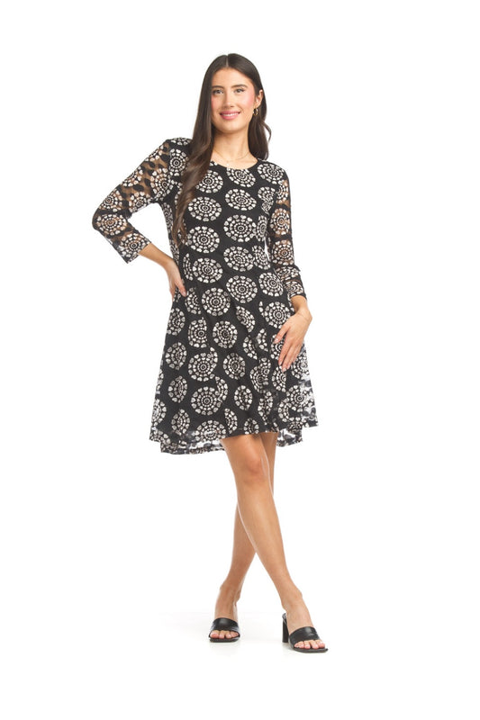 PD17527 BLACK Panelled Mandala Printed Lace Dress