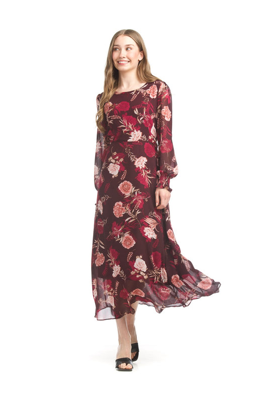 PD17530 BURGN Floral Maxi Dress with Tie Belt & Back Zip