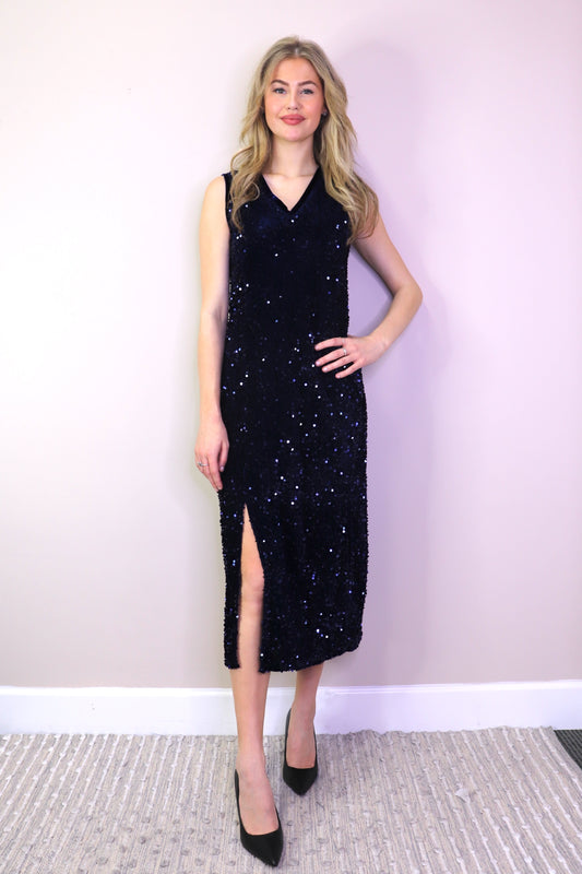 PD17533 NAVY Vlevet & Sequin Sleeveless Dress with Front Split