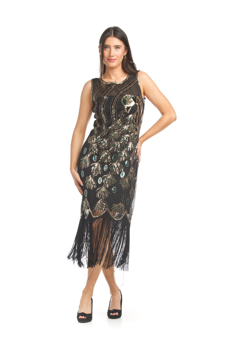 PD17535 BLACK Peacock Beaded Dress with Tassels