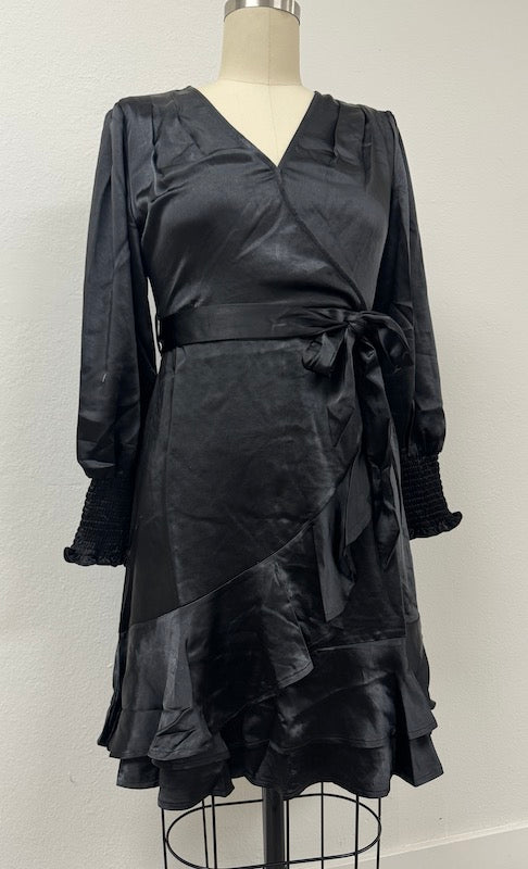 PD17542 BLACK Satin Finish Wrap Look Dress