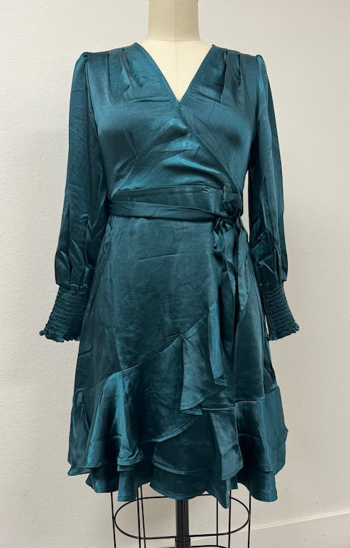 PD17542 TEAL Satin Finish Wrap Look Dress