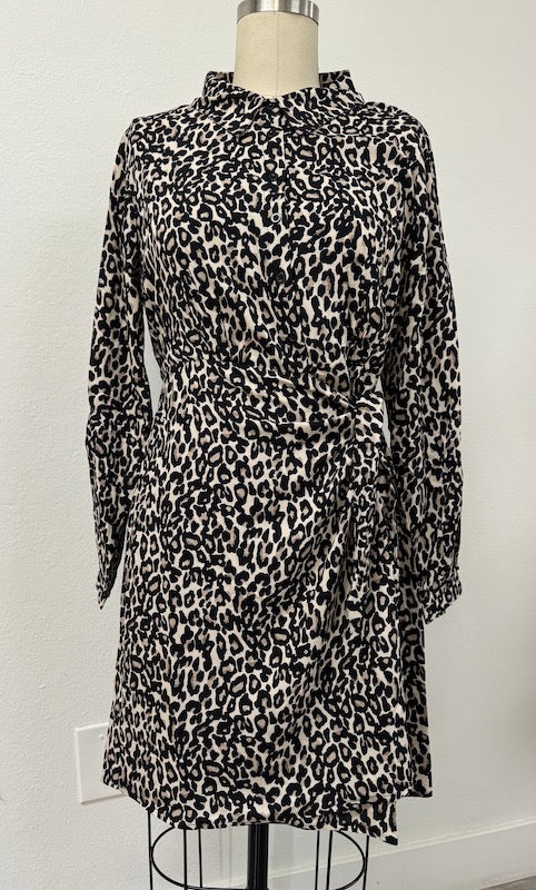 PD17544 BGBLK Leopard Print Layered Wrap Dress