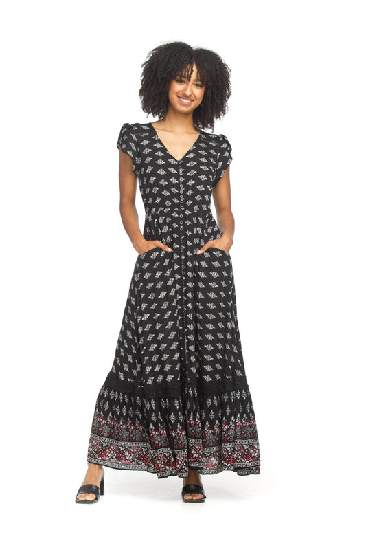 PD18509 BLACK Geo border print s/s maxi w lace inset & pockets