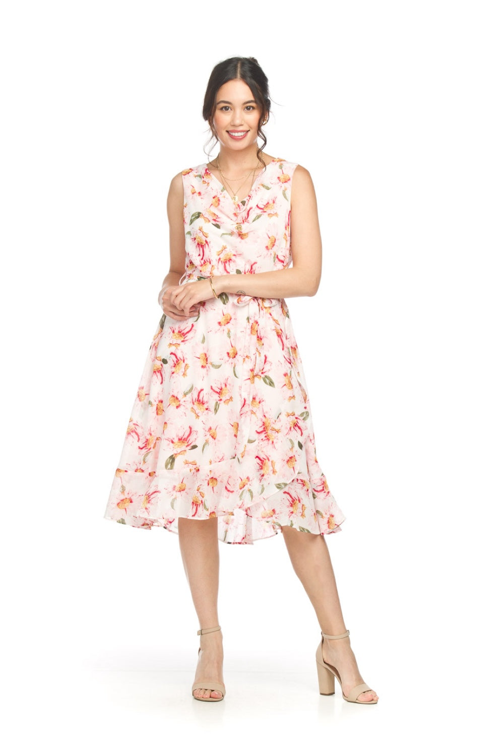 PD18515 PINK Floral Sleeveless Cowl Neck Dress with ruffle Trim