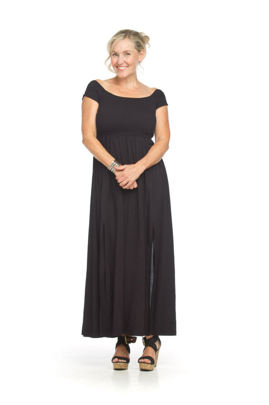 PD18521 BLACK S/S Smocked OTS Maxi w Front Slit & Pockets