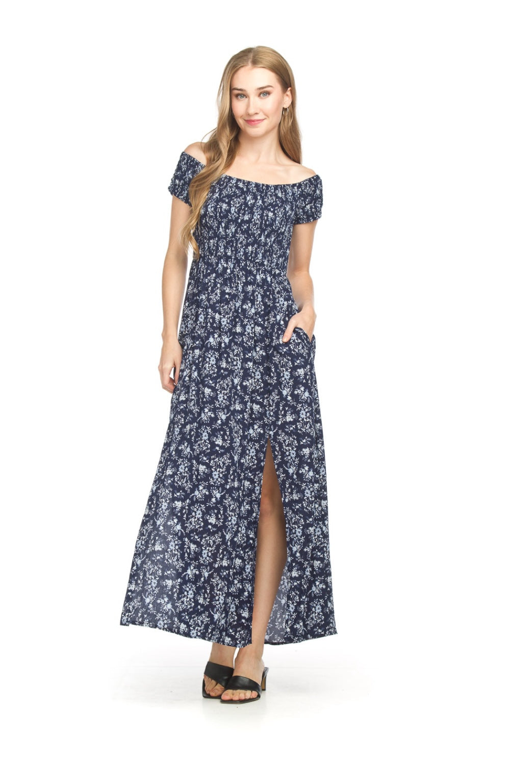 PD18523 NAVY Floral S/S Smocked OTS Maxi w Front Slit & Pockets