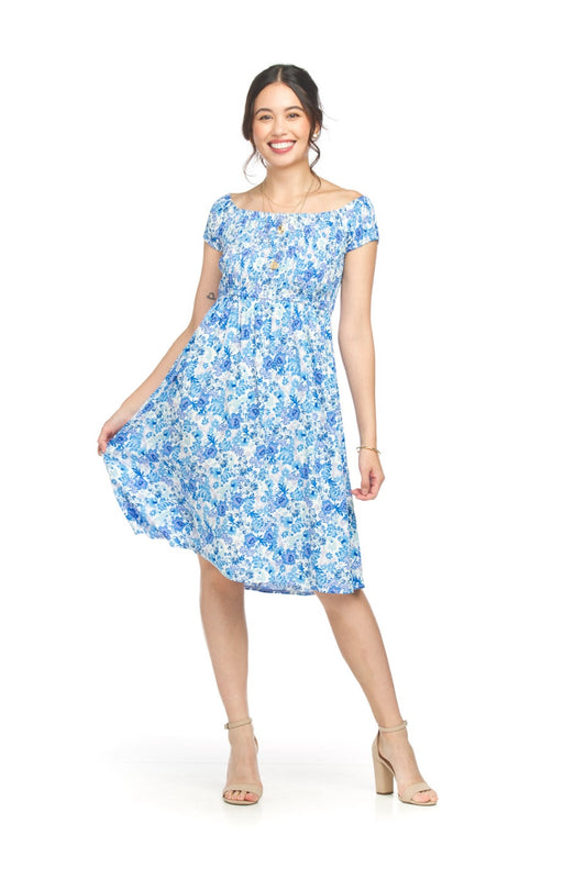 PD18524 BLUE Floral Short Sleeve Smocked OTS Dress with Pockets