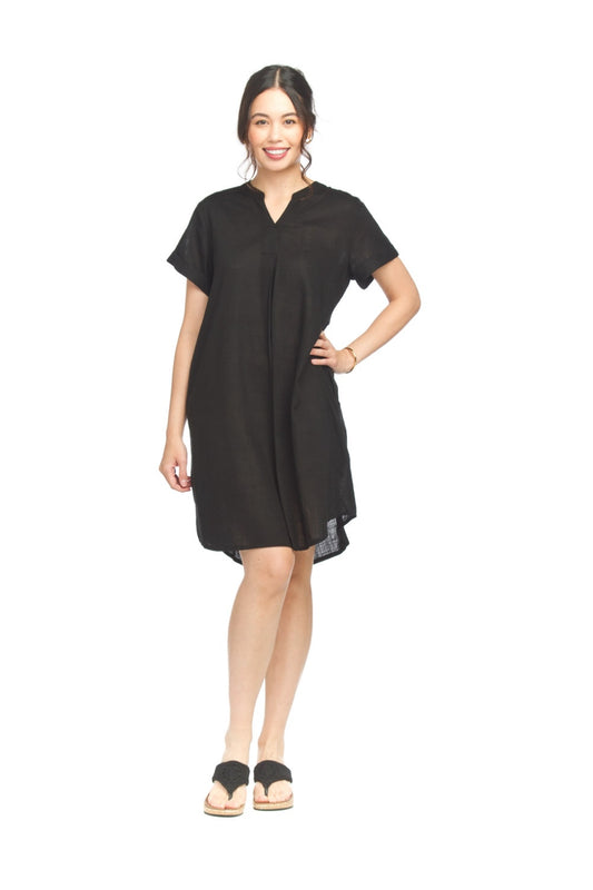 PD18525 BLACK Short Sleeve Linen Blend Dress with Pockets