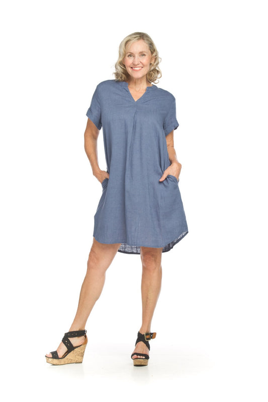 PD18525 DENIM Short Sleeve Linen Blend Dress with Pockets